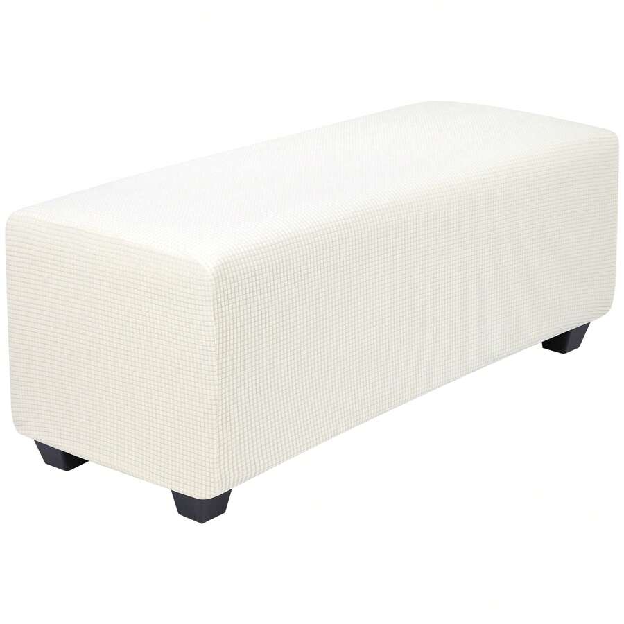 High Stretch Ottoman Cover With Elastic Bottom, Soft Slipcover Jacquard Fabric Small Checks Rectangle Storage Stool Cover Furniture Covers - 海鹽 - 查看 1
