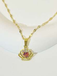 1 件不锈钢方晶锆石皇冠项链，适合女性、派对、约会、婚礼的礼物