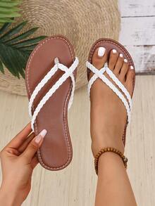 新款平底凉鞋，时尚休闲交叉编织带，一脚蹬款式，适合海滩、公园、日常穿着，有黑色、棕色、白色、金色可选 - 白色 - 查看 2