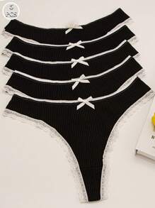 5 pezzi Perizoma sexy da donna in pizzo con fiocco, texture nera carino