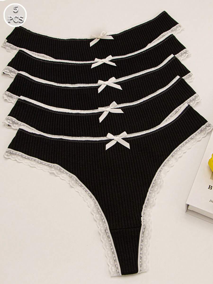 5 pezzi Perizoma sexy da donna in pizzo con fiocco, texture nera carino