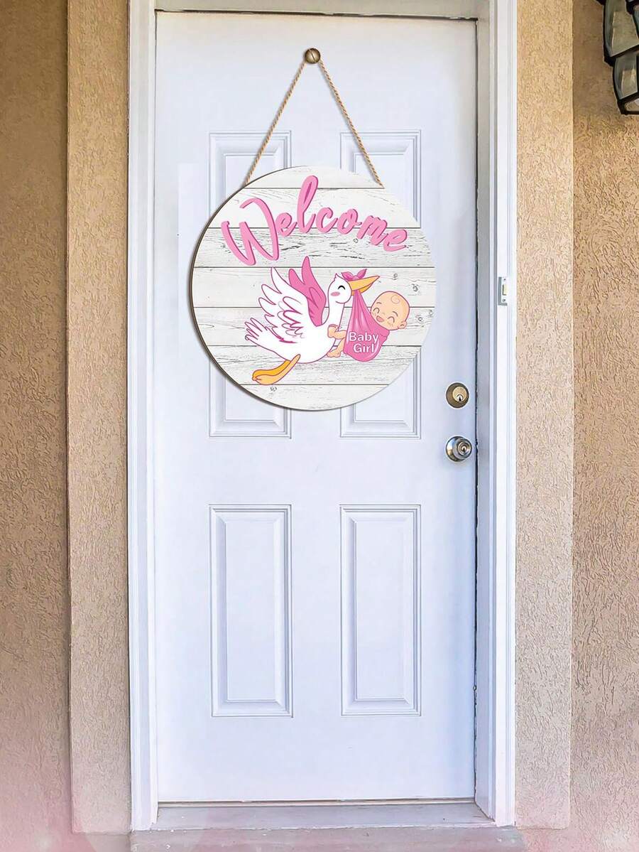 粉色木质迎婴门牌，2 件套，女婴性别识别门牌，欢迎标志，悬挂花环，圆形乡村风格木质农舍装饰，节日前门装饰，房间装饰和婴儿淋浴间装饰，门廊派对用品，木质悬挂装饰，扁平悬挂，木质悬挂家居装饰，悬挂标志门牌。（约 11.81 英寸） - 粉色 - 查看 1