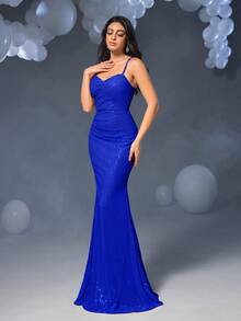 Elisanya 优雅细肩带美人鱼晚礼服，后背系带设计 - 适合庆典、婚礼、红毯活动、高档派对和夜总会 - 寶藍色 - 查看 5