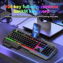 Wired 104 Keys Rainbow RGB Backlit Gaming Mechanical Keyboard, Metal Volume Knob, Multimedia Keys, With Phone And Lighter Holder, Free Removable Wrist Rest, Thickened Metal Panel, For Windows Laptop PC , Gaming Office Universal, Black