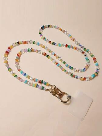 Flerfärgad stenkubpärlhänge snodd med axelrem för telefonskal, anti-förlorad