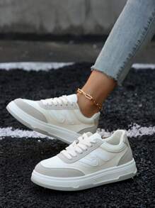 1 Par de Tênis Estilosos e Simples de Mulher em Bloco de Cores Brancos, Sapatos Casuais de Moda Leves, Antiderrapantes e Confortáveis, Versáteis para Ir e Vir, Lazer, Esportes, Exterior, Novos Lançamentos 2025