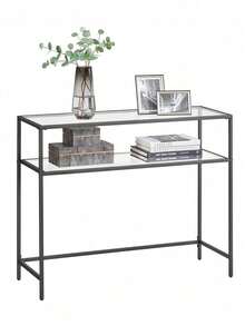 Console Table, Side Table, Tempered Glass Tabletop, Modern Sofa Table, Easy Assembly, With 2 Shelves, Adjustable Feet, For Living Room, Hallway, Black - Black - View 8