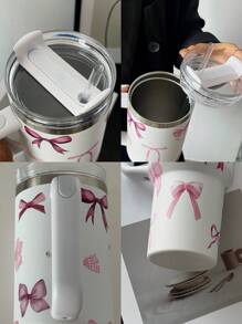 1pc Romantic Bow Decor 40oz/14oz Large Capacity Handled Tumbler, Insulated Stainless Steel Vacuum Cup, Suitable For Travel, School, Office, Outdoor, Gym, Home And More, Gift For Women & Teens, Holiday & Birthday Gift (With Straw)
