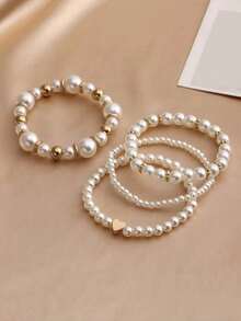 4pcs/Set Fashionable Love & Beaded Bracelet, Faux Pearl Bracelet Set Valentine's Day Accessories - Multicolor - View 12