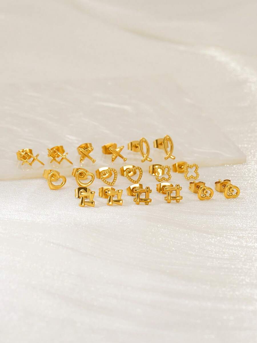 1 对钛钢不对称心形耳环，18K 不锈钢，优雅女士耳环 - 金色 - 查看 1