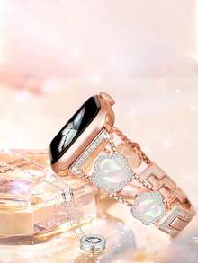 1条兼容的表带，女士黑色四叶草钻石金铜表带，夏季花卉金属手链，兼容 38/40/41/42/44/45/46/49毫米，兼容 Series Ultra3/2/1/SE/11/10/9/8/7/6/5 4/3/2/1 - 玫瑰金 - 查看 6