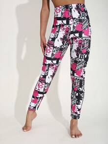 Women's Casual Fashion Black Leggings With Pink Tie-Dye Letter Print, Stretchy Skinny Pants For Fitness Training, Yoga, Home, Outdoor Activities, Hiking, Camping, Travel - Black and Red - View 3