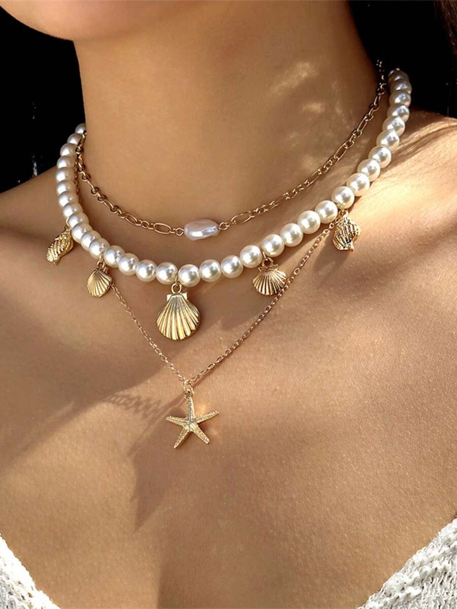 3pcs Beach Style Pearl, Sea Star & Shell Necklace Sets, Suitable For Women As Holiday Accessories, Dates, Gifts, Festivals - Multicolor - View 1