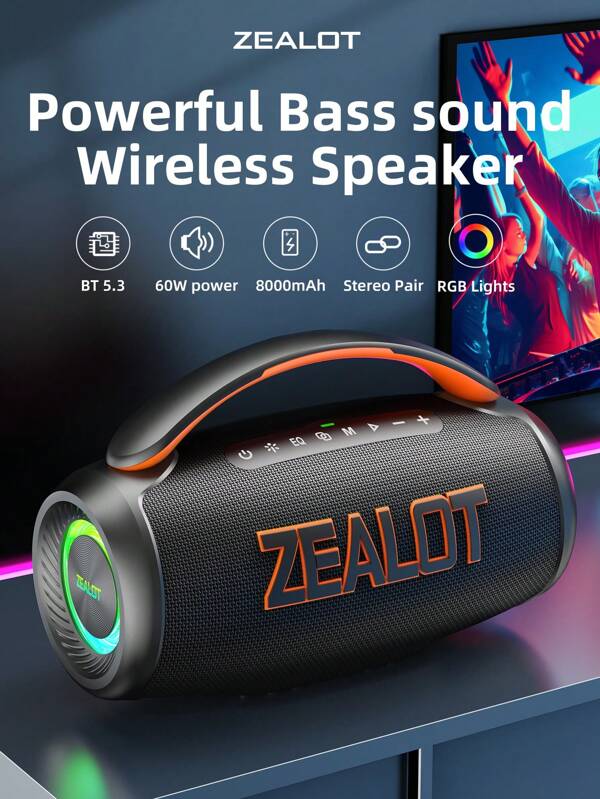 ZEALOT ZEALOT P12 60W High-Power Wireless Speaker, Outdoor Portable Subwoofer, IPX5 Waterproof, Built-In 2 Speakers, 8000mAh Large Battery, With RGB Color Lights, Compatible With SD Card/USB Drive/AUX/Supports Two Serial Speakers, Hands-Free Calling, Supports Mobile Phones/Tablets/TVs/Computers, Suitable For Outdoor Large-Scale Dance/Family Gatherings/Beach Parties
