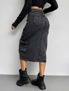 FALDA DE MEZCLIILA CON BOLSA DE CARGO  Animal    Bohemio  Casual  Elegante  Sexy  Dulce  Fiesta    PET    Volante    Playa    verano - Negro - Ver 3