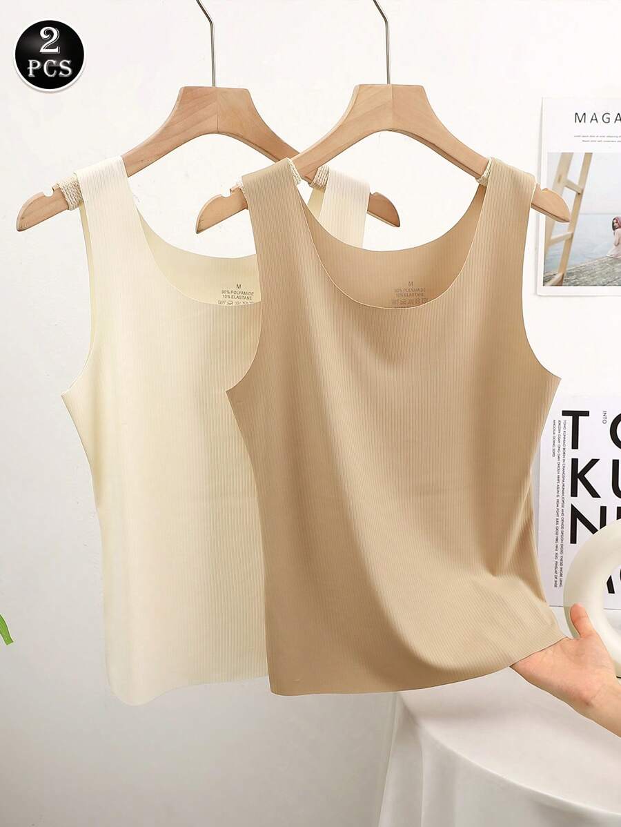 2pcs Women's Ribbed Seamless Wide Strap Camisole, Layering Sleeveless Thin Top Without Padding, Suitable For Outer Wear