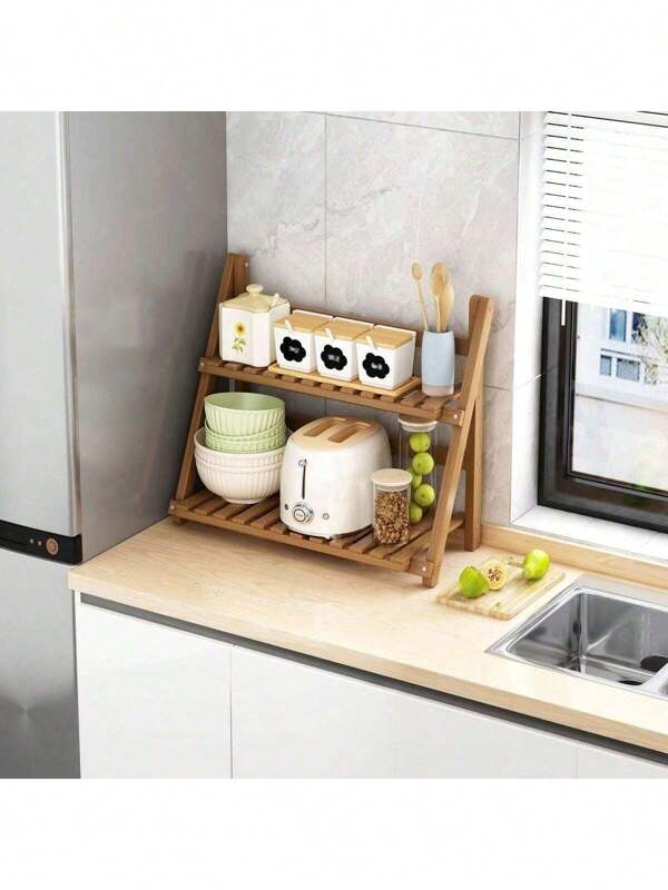 1pc Brown Diy Handmade Bamboo Folding Display Shelf, Home Organizer