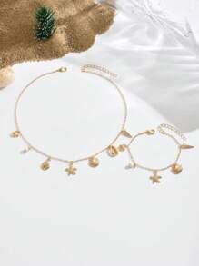 1pc Creative Ocean Theme Beach Vacation Style Sea Star & Sea Shell Pendant Necklace, Versatile Daily Wear
