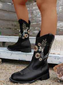 Women Embroidery Ankle Boots, Vintage Chunky Heel Boots, New Spring & Autumn Short Boot, Western Style Long Shaft Boot,Party