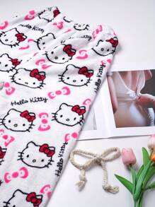 Sanrio 1 pieza Pantalones de pijama suaves de franela con estampado de Hello Kitty con licencia para mujeres, forrados térmicos, ropa de estar en casa cálida y casual, adecuado para primavera/otoño, estampado de dibujos animados, regalo de moda para amigos, novia, Acción de Gracias, Navidad, Halloween