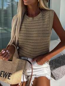 Solid Color Ribbed Hollow Out Crew Neck Pullover Knit Sweater Vest Summer - Khaki - View 1