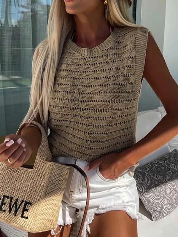 Solid Color Ribbed Hollow-Out Crew Neck Knit Sweater Vest