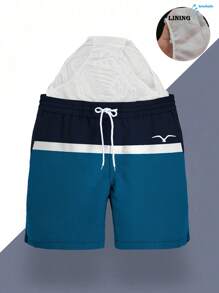Pantalones cortos de playa de verano para hombres con cintura con cordón, bolsillos en diagonal, secado rápido de doble capa con forro de malla, estampado 3D colorido de gaviota, moda casual para playa