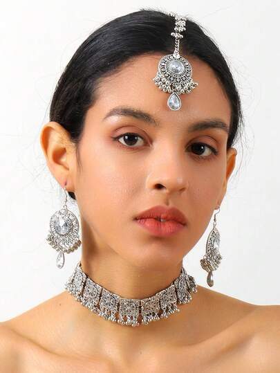 1 Set South Asian/Arabic Style Women Jewelry Set Include Necklace, Earrings, Headchain,Suitable For Daily Wear, Festivals, Parties, Gifts