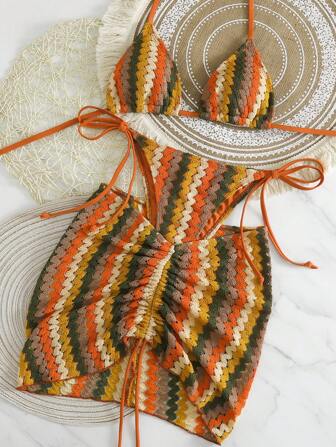 Bikinx Conjunto de bikini sexy con espalda descubierta y estampado ondulado, con falda de cobertura, adecuado para vacaciones en la playa