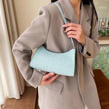 Solid Color Embossed Geometric Zipper Shoulder Bag For Women - Fashion Retro Style Casual Waterproof Handbag Suitable For Office, Work, Business, Commute - Blue - View 4
