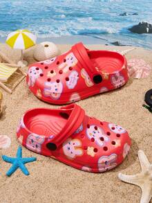 1 par de zuecos de playa cómodos y de moda con estampado de conejo para niñas, primavera/verano - Rojo - Ver 5