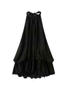 1 buc. Rochie scurtă de damă, casual, culoare solidă, țesătură boemă, cu volane, cu cravată, decupată, pentru purtare de zi cu zi, primăvară/vară - Negru - Vizualizare 5