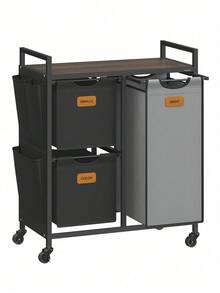 Laundry Hamper With 3 Compartments, 100 L Laundry Sorter, Rolling Laundry Cart With Shelves, Removable Liners, 6 Labels, Ink Black And GreyLaundry Baskets Back To School - Black - View 7