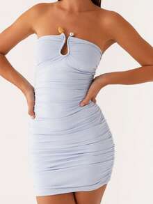 Women's Ruched Tube Top Dress Strapless Sleeveless Slim Fit Party Dress Summer Clubbing Dress - Blue - View 1