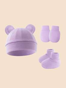Bộ 3 món mũ tai cho trẻ sơ sinh + găng tay chống trầy xước + bao chân, nhiều màu, thích hợp để đội hàng ngày - Nhiều màu - Xem 2