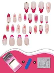 Una caja de 24 uñas medianas de almendra, con flores 3D rosas y detalles degradados en oro rosa, exudando un ambiente dulce y elegante. Conjunto de uñas postizas con lima de uñas y pegamento de gelatina, perfecto para todas las mujeres, ideal para uso diario, fiestas y ocasiones especiales, agregando un toque de suave a tus dedos.