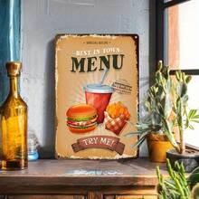 1PC Vintage Tin Sign, Best In Town Menu, Retro Diner Decor, Burger And Fries Illustration, Rust-Proof, Perfect For Restaurant Or Kitchen, 8x12 Inches/ 20x30 Cm - Multicolor - View 1