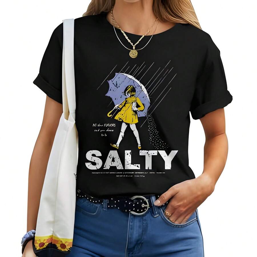 Salty Meme All These Flavors Girl Holding Umbrella Vintage Women T-Shirt _ Seseable CA220g Cotton Casual Graphic Tee Lightweight Yet Durable Crew Neck Shirt For Beach Trips, Airplane Travel, Weekend Getaways, Or Road Adventures, Stylish And Comfortable Summer Outfit With Loose Fit For Maximum Comfort, Aesthetic -Worthy Graphic Tee For Photos And Reels