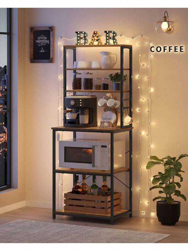 Kitchen Storage Rack, Coffee Bar, Baker's Rack, Total 6 Shelves And 6 Hooks, For Microwave, Steel Frame, Industrial, Rustic Brown And Black