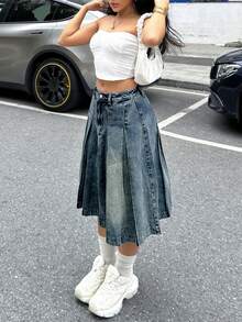 Minifalda de tela vaquera plisada de estilo vintage para mujeres - Azul lavado retro - Ver 5