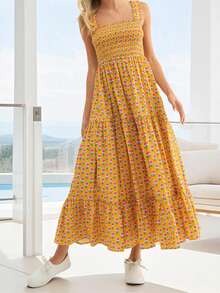 Women Floral Tank Dress Smocked Square Neck Sleeveless Backless A-Line Long Tiered Ruffle Dress With Pockets - 黃色 - 查看 3