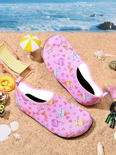 1双女童可爱猫咪冰淇淋图案舒适休闲平底水鞋，适合夏季穿着