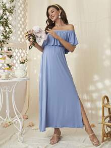 Maternity Off Shoulder Split Hem Ruffle Trim Dress - 淺藍色 - 查看 4