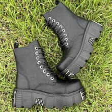 Retro Combat Boots For Women And Men Thick Sole With Zipper Soft Leather Metal Decoration Punk Style Unisex Ankle Boots - 黑色 - 查看 10
