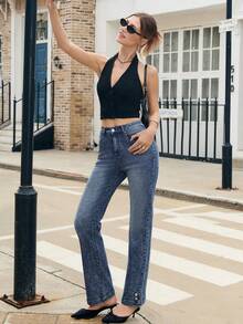 女式新款松紧腰直筒牛仔裤