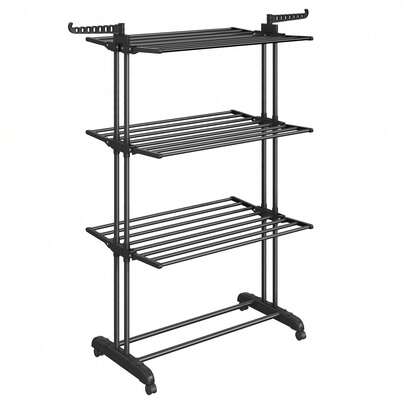 Large Clothes Airer, Foldable Clothes Drying Rack Laundry 4-Tier, Moveable Clothes Horse, 63.5 X 128 X 173 Cm, Stainess Steel, Folding Wings, Indoor Outdoor Use, Ink Black