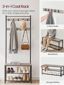 Coat Rack, Coat Stand With Shoe Storage Bench, Hall Tiree With Shoe Rack, 3-In-1 Design, Steel Frame, For Hallway, Entrance, 32 X 70 X 177 Cm, Modern, Grege And Black - Grey - View 3