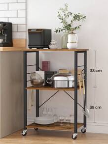 Kitchen Shelf On Wheels, Serving Trolley With 3 Shelves, Microwave Shelf, For Mini Oven, Toaster, With 6 Hooks, Industrial Style, Rustic Brown And Black