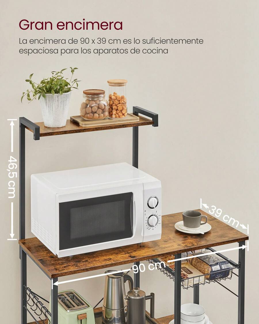 Estante de Cocina de pie, Estante de panadería con Cesta de Metal, 6 Ganchos, Estante para microondas, para Especias, ollas y sartenes, Moderno, Marrón Rústico y Negro - Granate - Ver 1