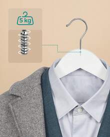 Kleiderbügel Holz, 20er Set, Bügel aus Massivholz, Einkerbungen im Schulterbereich, rutschfester Hosensteg, um 360° drehbarer Haken, für Anzüge, Hemden, weiß-silbern - Weiß + Silbern - Übersicht 5